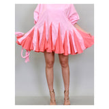 Pink Pleated 2 Tone Designer Inspired Adjustable Puff Sleeve Flare Dress with Optional Braided Belt