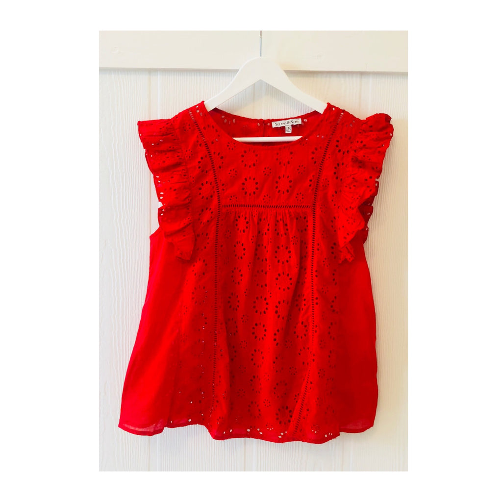 Bright Red Flutter Sleeve Eyelet Top With Keyhole Back, 59% OFF