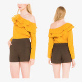 Marigold One Shoulder Ruffle Long Sleeve Top