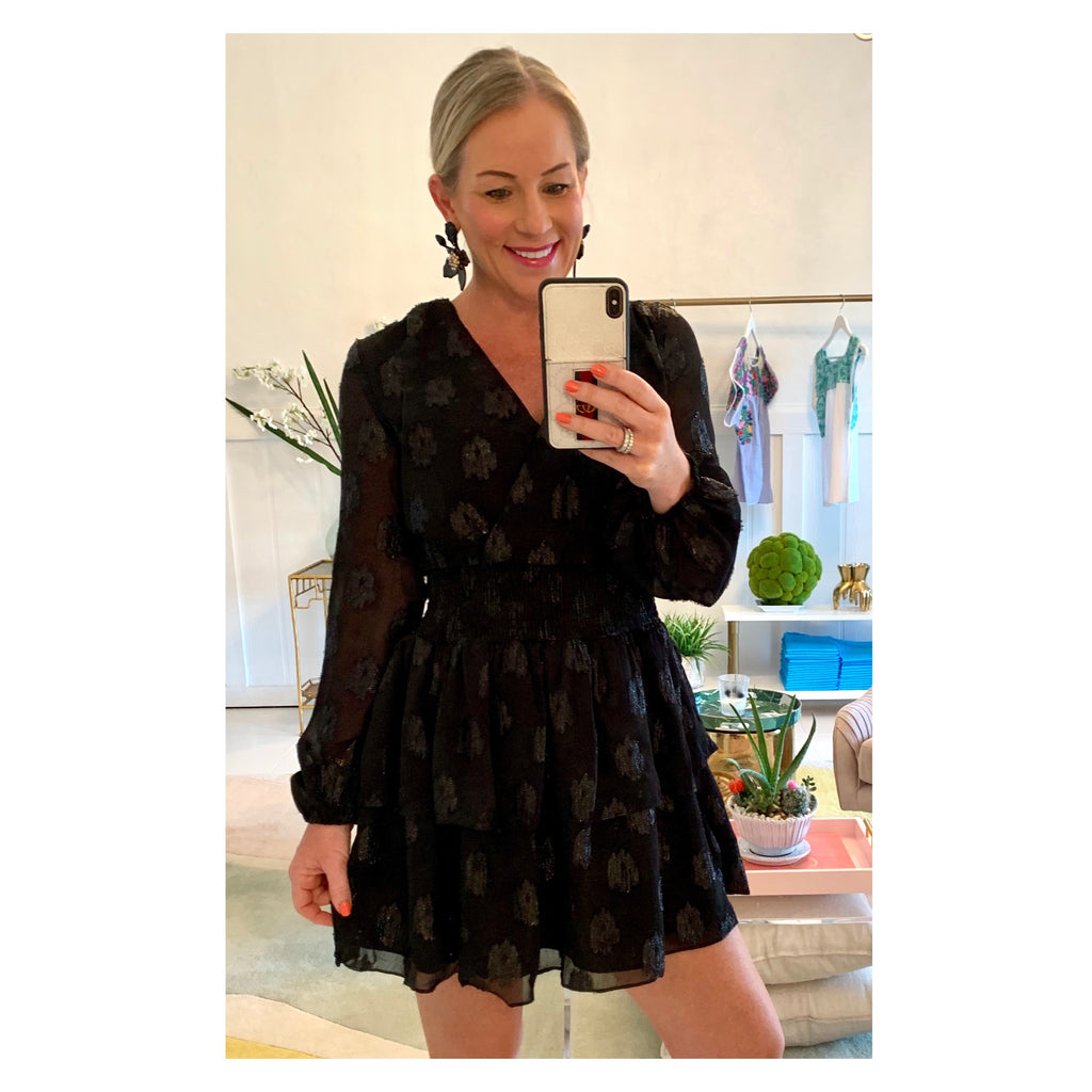 Black V-Neck Long Sleeve Tiered Ruffle Dress with METALLIC Black Accents, Smocked Waist ... Black V-Neck Long Sleeve Tiered Ruffle Dress with METALLIC Black Accents, Smocked Waist ...
