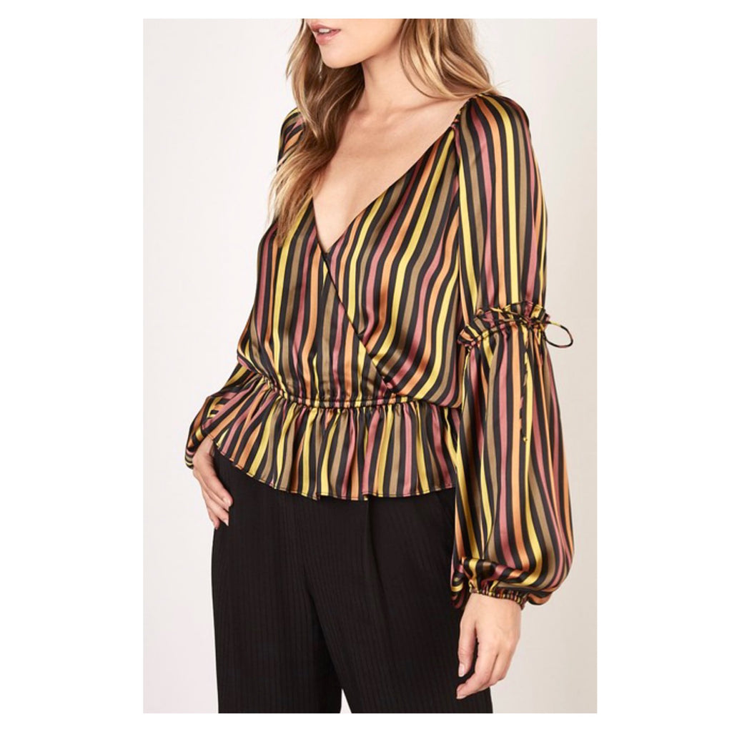 Black Gold & Merlot Stripe Silk Balloon Sleeve Peplum Top with