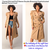 Camel Shirred Puff Sleeve Double Breasted Sophisticated Belted Trench Coat