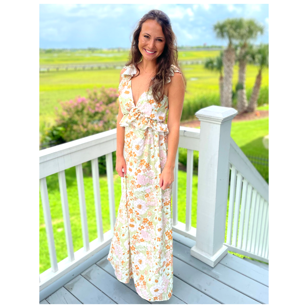 Sage & Blush Vintage Floral Ruffled Francesca Maxi Dress with Open Bow ...
