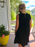 Black Knit Bamboo Sleeveless T-Shirt Dress with Ruffle Shoulder Hem & Keyhole Back with Tie
