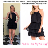 Black Textured Dots Pleated Chiffon Romper Dress with Ruffle Neckline & Keyhole Back