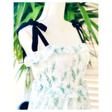 White & Mint Green Floral Maxi with Black Shoulder Ties & Smocked Ruffle Bust