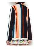 Miru Knit Multicolor Stripe Open Front Cardigan with Fringe Tassel Hem
