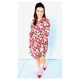 Blue Kelly Green Pink & Red Floral Button Front Flounce Dress