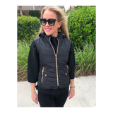 Black Puffer Vest with Faux Leopard Fur Lining, Detachable Hood & Contrast Piping