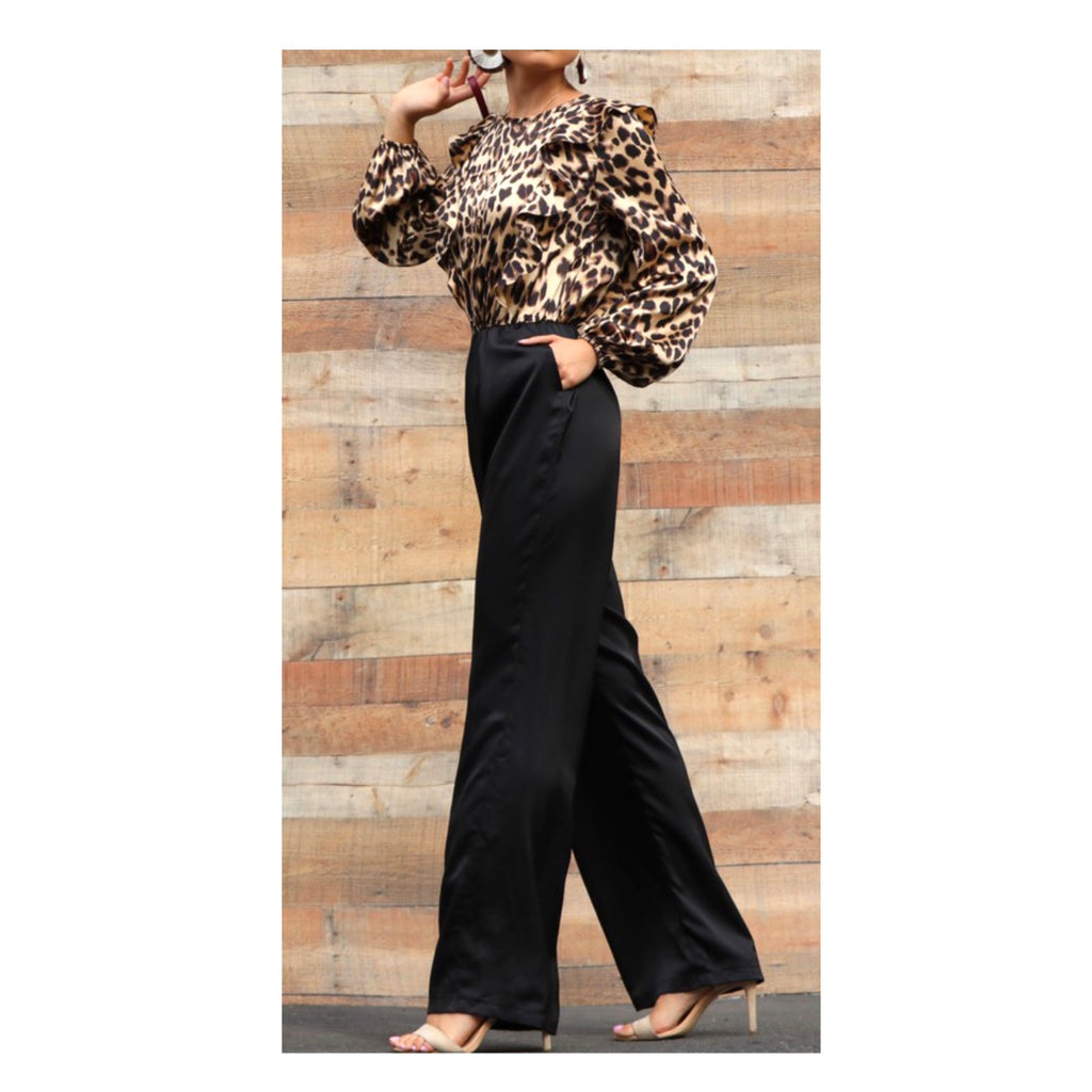 Leopard Print Satin Ruffle Top Jumpsuit with Black Semi Wide Leg ...