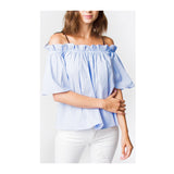 Blue White Pinstripe Off the Shoulder Ruffle Bell Sleeve Top with Black Shoulder Ties