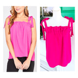 Hot Pink Ruffle Bust Tie Shoulder Top