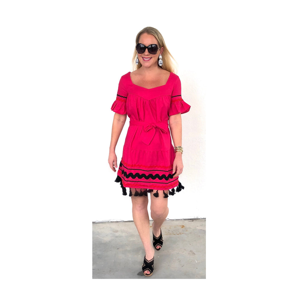 Magenta Bell Sleeve Belted Dress with Ric Rac Embroidery & Tassel Hem ...