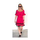 Magenta Bell Sleeve Belted Dress with Ric Rac Embroidery & Tassel Hem