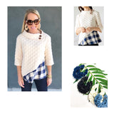 Ivory Bubble Knit Mock Neck Top with Asymmetrical Buffalo Check Contrast