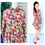 Blue Kelly Green Pink & Red Floral Button Front Flounce Dress