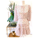 White & Pink Floral Print Ruffle Hem Dress with Semi Sheer 3/4 Balloon Sleeves