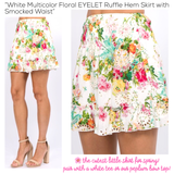 White Multicolor Floral EYELET Ruffle Hem Skirt with Smocked Ruffle Waist
