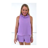 Lavender Ruffle Neck Swing Cami Romper with Bow Back