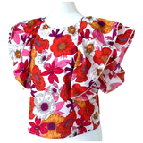 Poppy Floral Handmade Block Print Layered Ruffle Sleeve Top