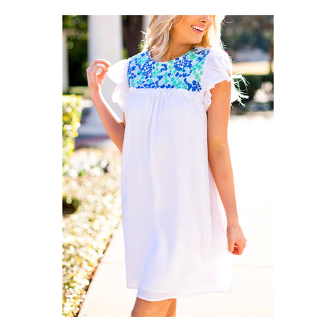 White with Turquoise & Cerulean Blue Flutter Sleeve Embroidered Textile Shift Dress with Ruffle Bust & Keyhole Back