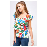 White Blue Red Multi Floral Woven Frill Top with Open Back