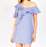 Blue White Stripe One Shoulder Dress with Faux Buttons & Asymmetrical Ruffle Hem