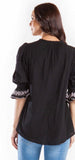 Black & Baby Pink Embroidered 3/4 Sleeve Button Down Top with Scalloped Neckline