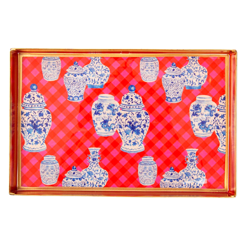 Charlotte Gingham Enameled 8x12 Chinoiserie Tray with Gold Feet