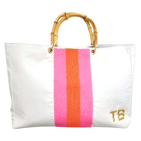 Pink & Orange Stripe Handmade Beaded Bamboo Bags