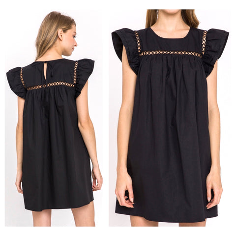 Black Shirred Flutter Sleeve Dress with Open Stitch Detail & POCKETS