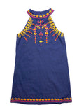 Azure Blue Sleeveless A-Line Dress with Vibrant Magenta & Deep Yellow Embroidery