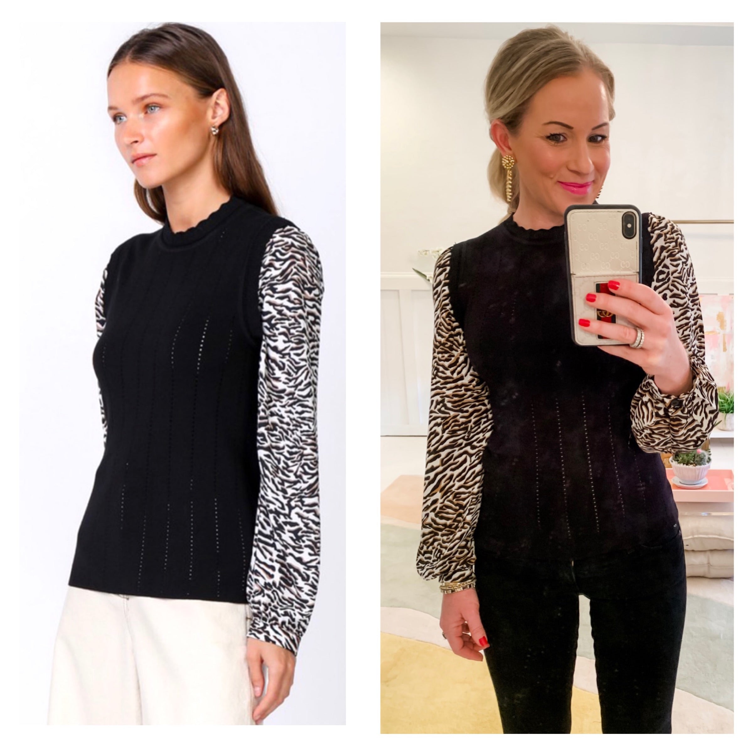 Black Fine Knit Top with Contrasting Zebra Blouse Balloon Sleeves - James  Ascher