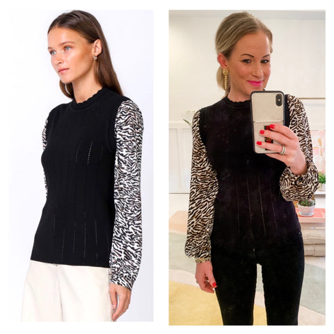 Black Fine Knit Top with Contrasting Zebra Blouse Balloon Sleeves