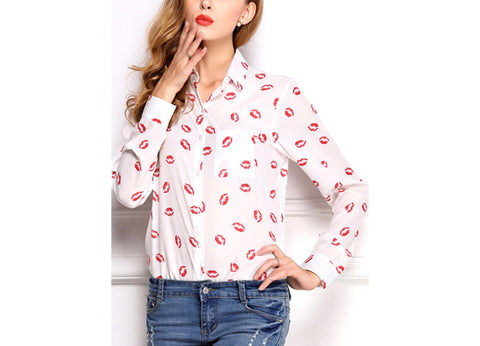 Kissy Kissy Collared Button Down Top, White & Red