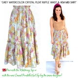 Grey Watercolor Crystal Pleat Ruffle Waist & Hem Midi Skirt