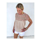 Natural Babydoll Top with Multicolor Confetti Striped EMBROIDERY