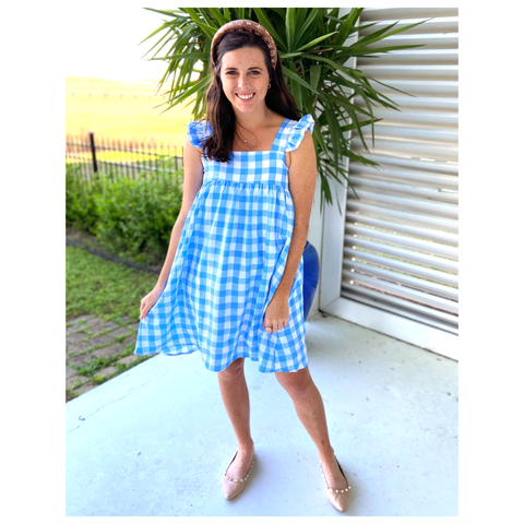 Blue Gingham Flutter Sleeve Dress