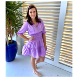 Lilac Floral Jacquard Smocked Waist Dress with Ruffle Sleeves