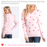 Baby Pink Fine Knit Puff Sleeve Sweater with Red Pom Pom Appliqués