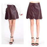 Burgundy PU Leather Scalloped Hem A-Line Skirt