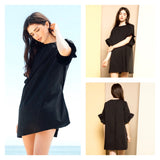Black Bell Sleeve Romper Dress with Pleated Back