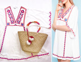 White Magenta Cerulean Blue Embroidered Beach Tunic / Coverup