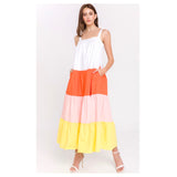 White Tangerine & Yellow Color Block Maxi Dress with Tiered Ruffle Hem & POCKETS