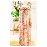 Ivory Floral Chiffon Tiered Hem Maxi Dress with Triple Ruched Ruffle Bust & Shoulder Bow Ties