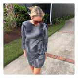Midnight Blue & White Stripe Knit Dress with Contrast Pleated Back & Black Ribbon Tie