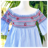Blue White Stripe Smocked Cold Shoulder Top with Red Embroidered Stars + RHINESTONES!