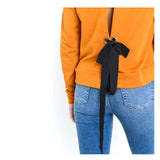 Mustard French Terry Top with Split Back & Black Ribbon Tie