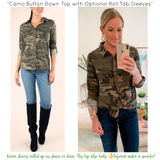 Camo Button Down Top with Optional Roll Tab Sleeves