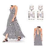 Black White Stripe Ruffle Wrap Front Maxi Dress